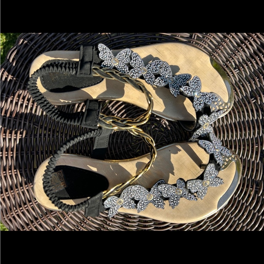 Elegant Black and Gold Women's Sandals with Rhinestone Butterflies